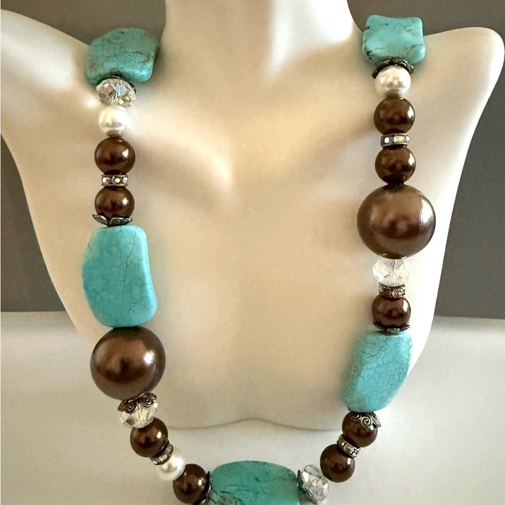 Turquoise and Brown Beaded Howlite Statement Faux Pearl Necklace - Picture 3 of 5